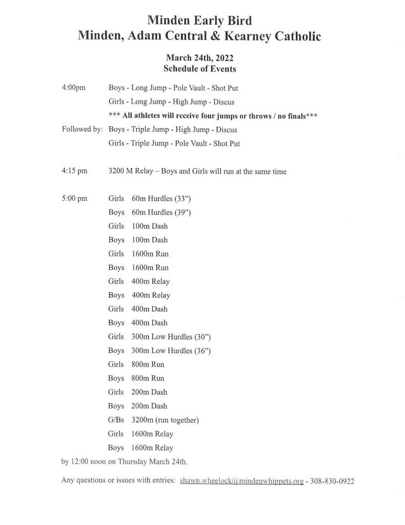 Schedule of events for 3/24 Track Meet